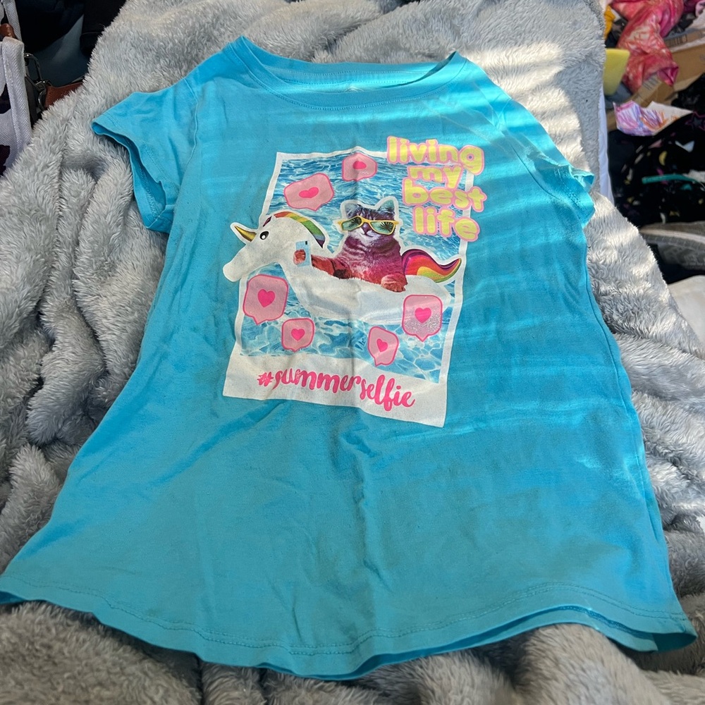 Blue Kids T-Shirt with Unicorn and Raccoon Print